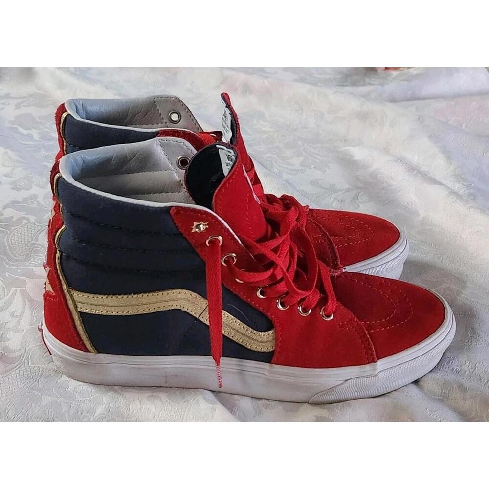 Vans x Captain Marvel Sk8-Hi Top Red/Gold/blue Sneakers Mens 7.5 Womens 9 Comics